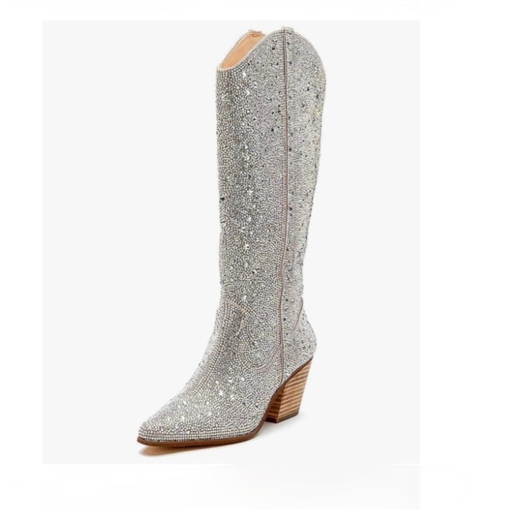 Sparkle Rhinestone Tall Western Festival Boot Silver Chunky Heel 7